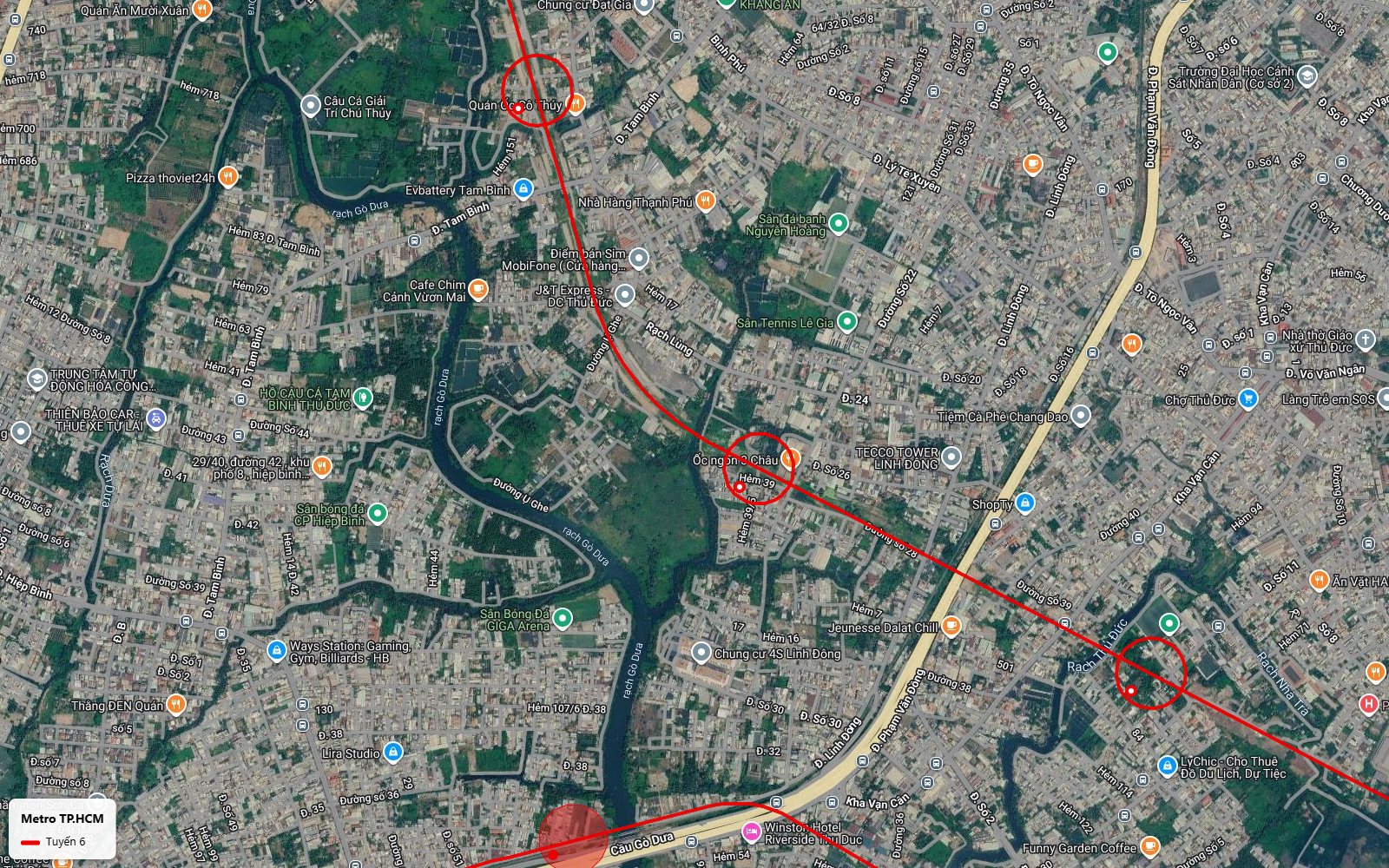 Bản đồ nhánh Bắc tuyến metro số 6 qua Hẻm 39 Linh Đông và đường Tam Bình men rạch Gò Dưa Thủ Đức