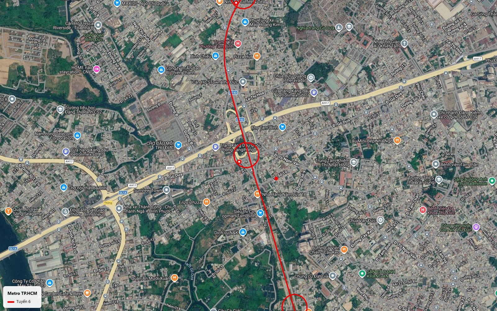 Bản đồ nhánh Bắc tuyến metro số 6 đặt ga tại nút giao Gò Dưa Quốc lộ 1 cạnh chợ đầu mối nông sản Thủ Đức