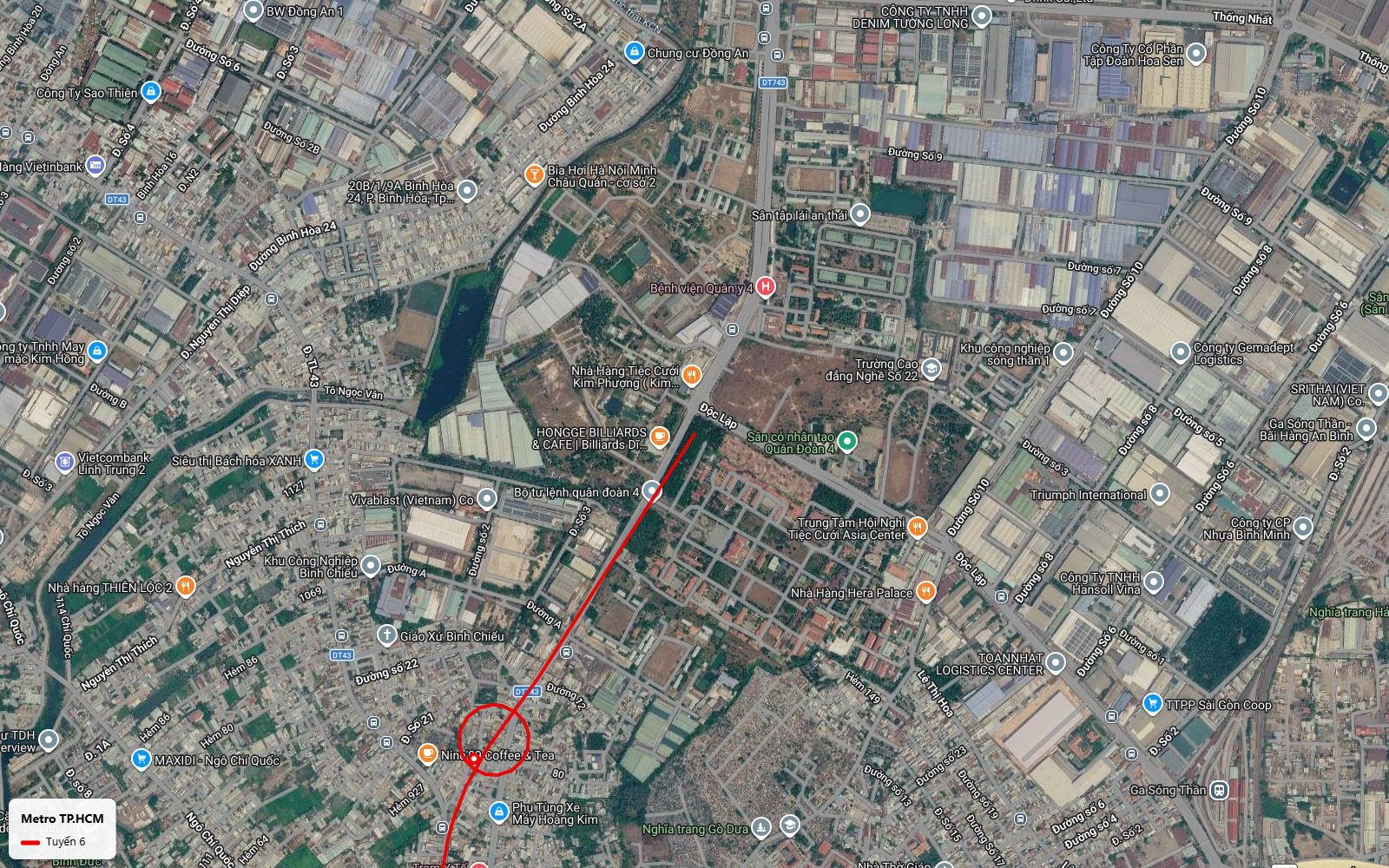 Bản đồ điểm cuối nhánh Bắc tuyến metro số 6 tại khu vực ga Sóng Thần giữa khu công nghiệp Bình Chiểu và Sóng Thần 1