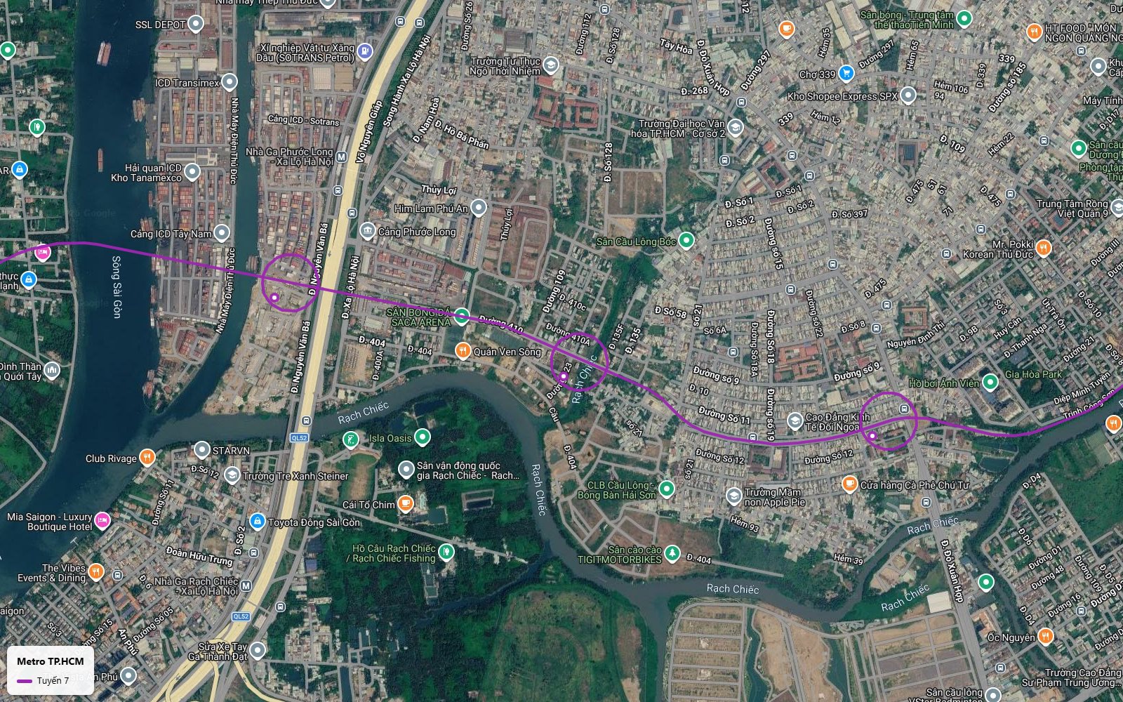 Toàn cảnh tuyến metro số 7 cắt ngang Xa lộ Hà Nội gần nhà ga Phước Long metro số 1 và cụm cảng ICD Trường Thọ
