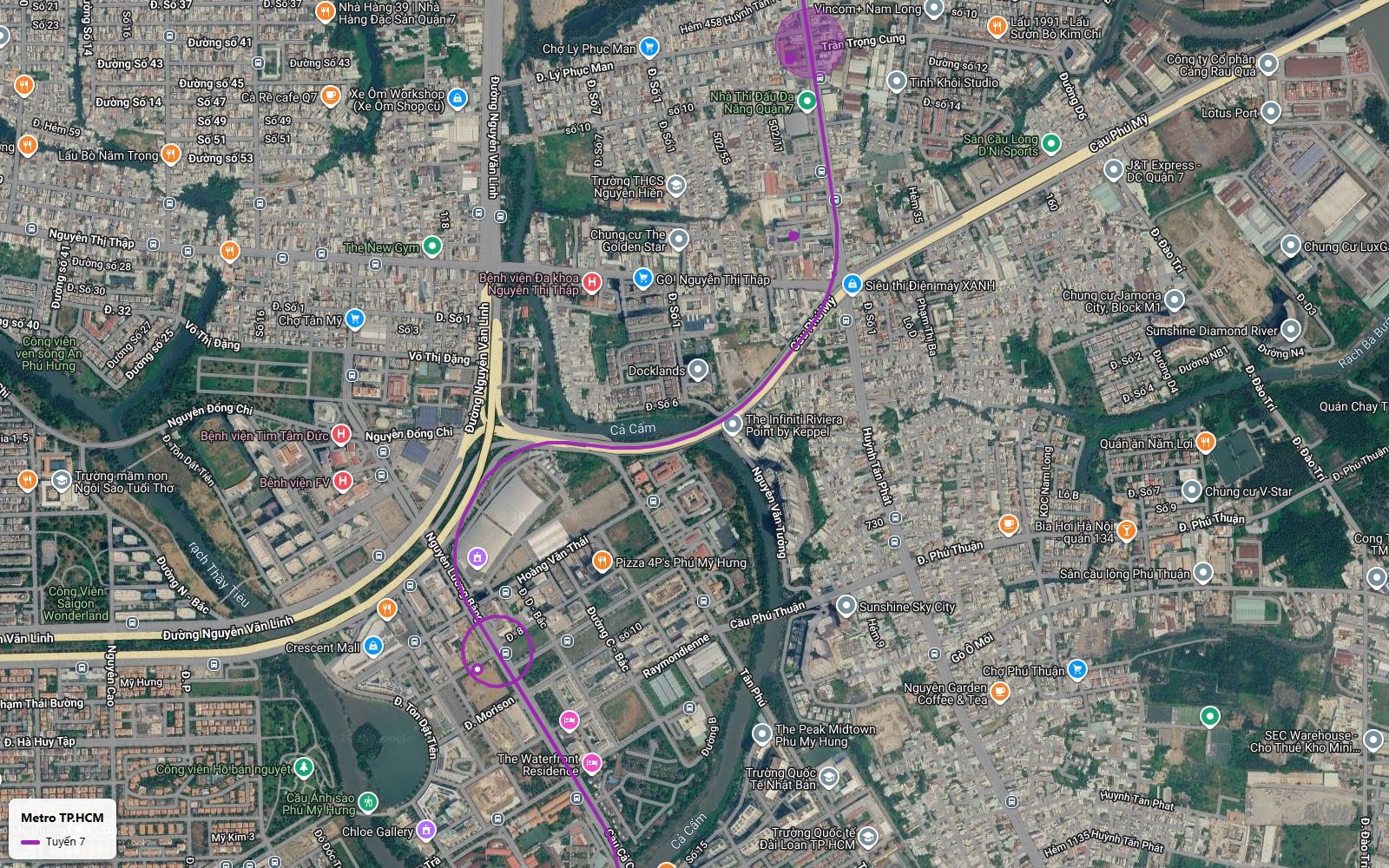Toàn cảnh tuyến metro số 7 với ga ngầm khu Trần Trọng Cung Quận 7 và đường cong men rạch Cả Cấm về Crescent Mall