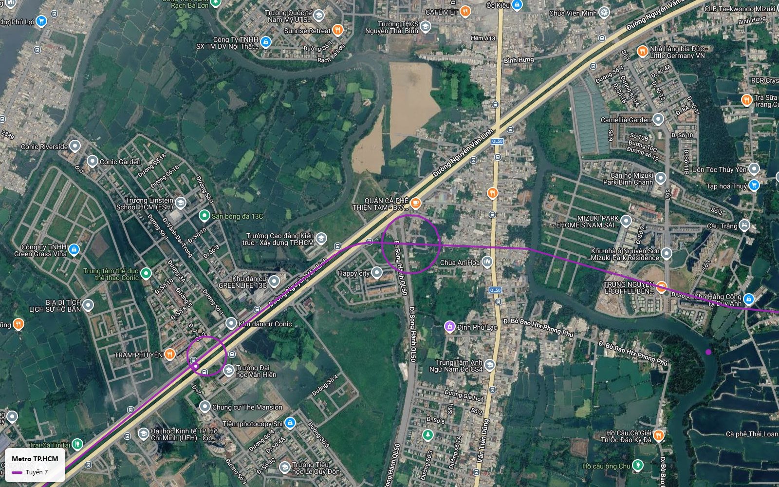 Toàn cảnh tuyến metro số 7 nhập đại lộ Nguyễn Văn Linh tại nút Quốc lộ 50 qua khu dân cư Conic và Đại học Văn Hiến