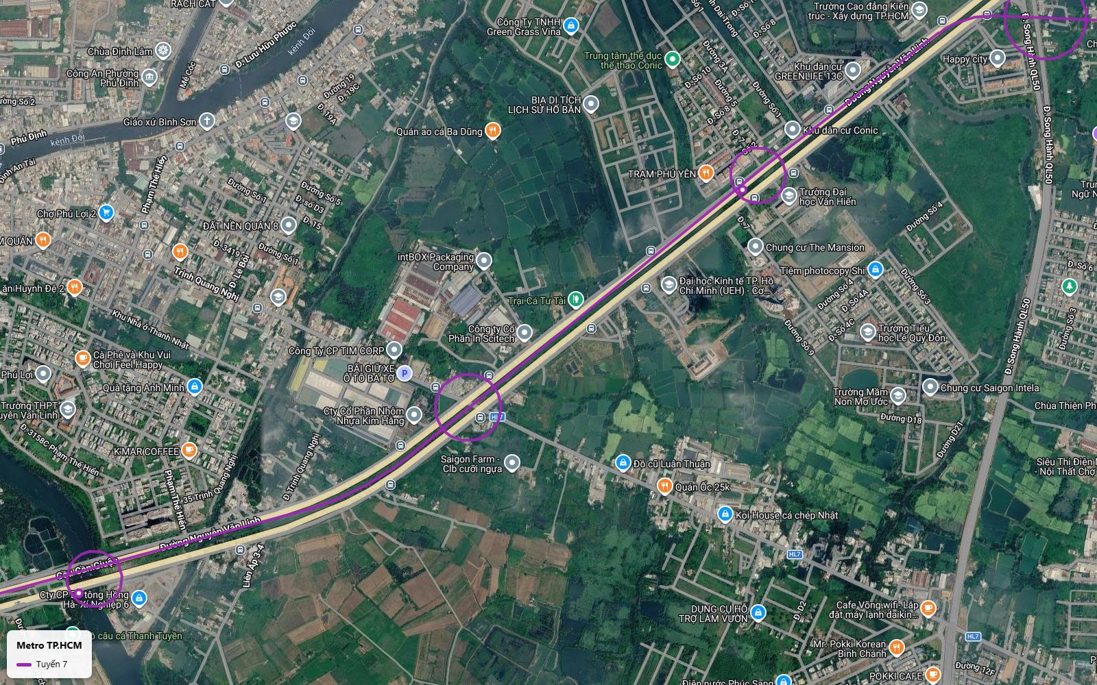 Toàn cảnh tuyến metro số 7 dọc đại lộ Nguyễn Văn Linh qua Đại học Văn Hiến và UEH hướng về cầu Cần Giuộc