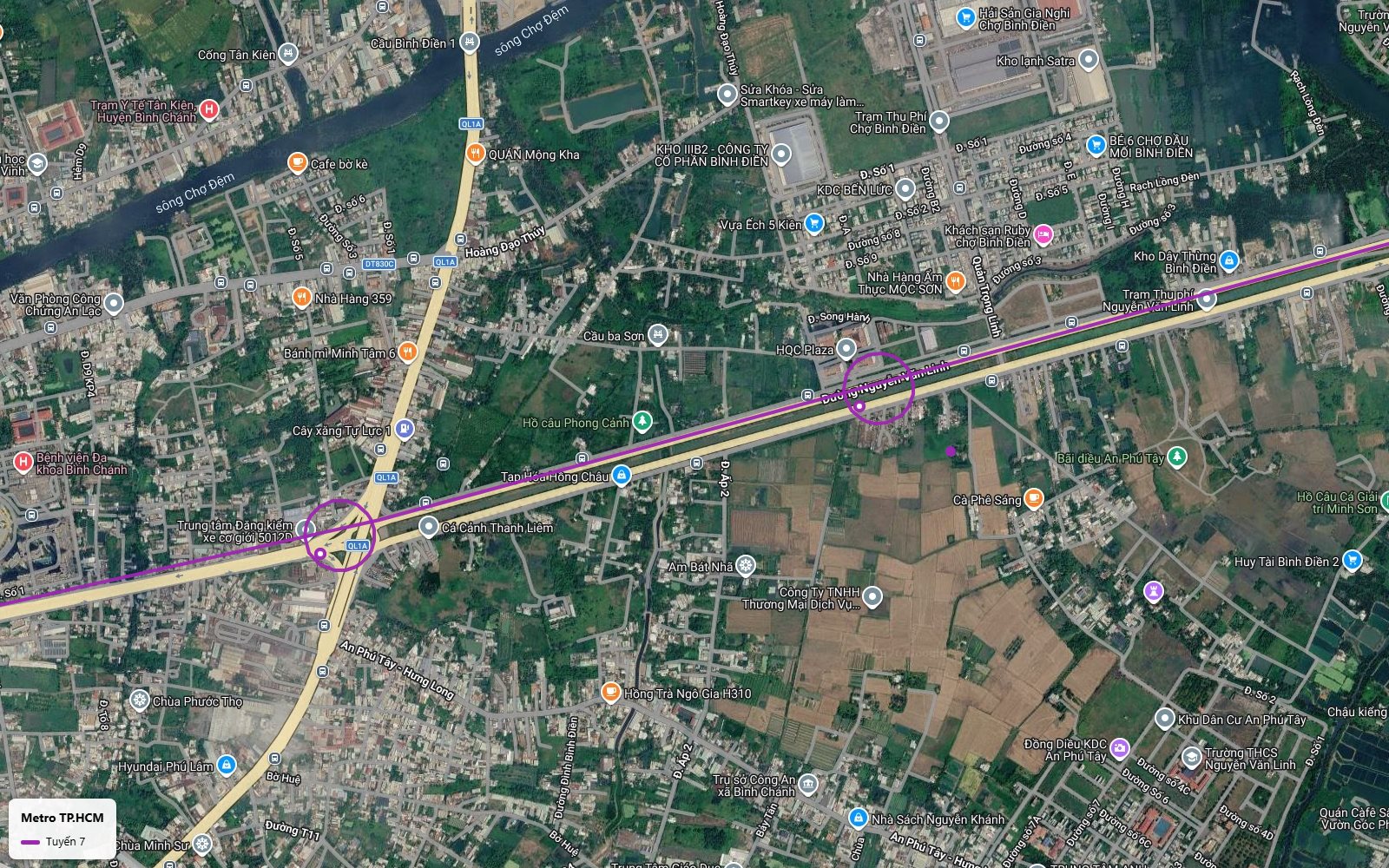 Toàn cảnh tuyến metro số 7 với ga tại nút giao Nguyễn Văn Linh và Quốc lộ 1A gần Bệnh viện Đa khoa Bình Chánh