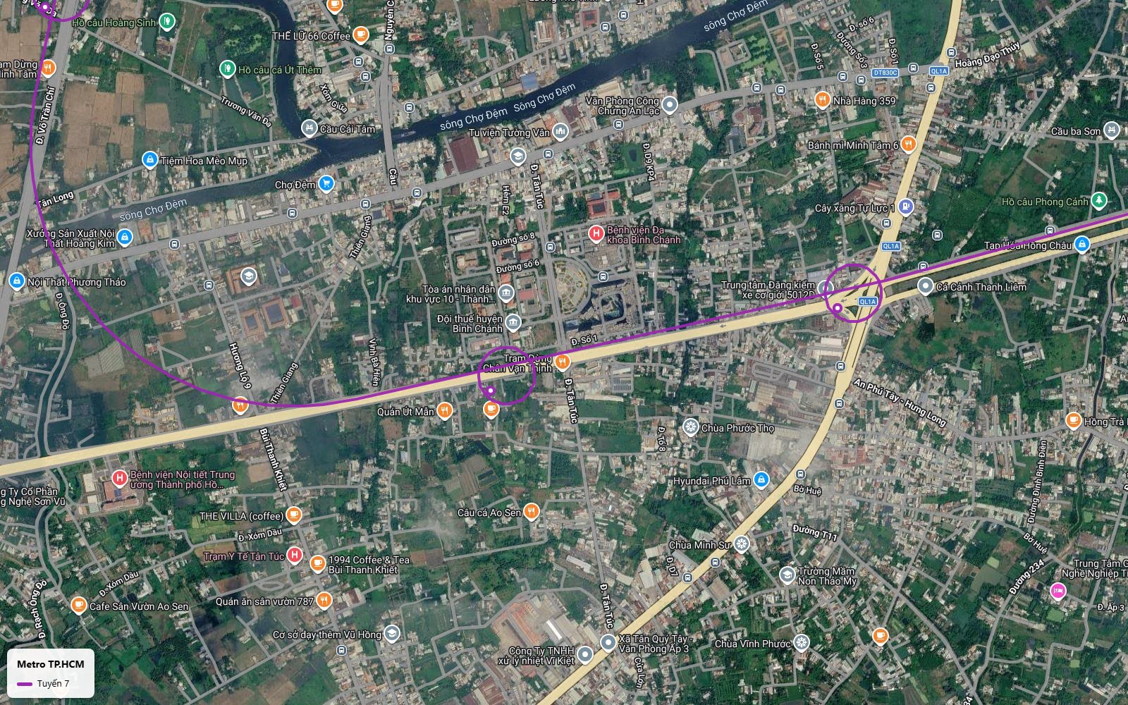 Toàn cảnh tuyến metro số 7 qua thị trấn Tân Túc Bình Chánh với ga Trạm dừng chân Vạn Thịnh và đường cong về Võ Trần Chí