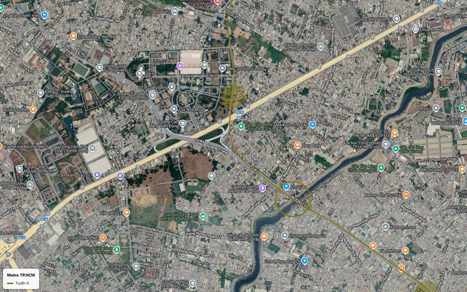 Toàn cảnh tuyến metro số 8 qua công viên phần mềm Quang Trung QTSC và cầu Chợ Cầu trên kênh Tham Lương