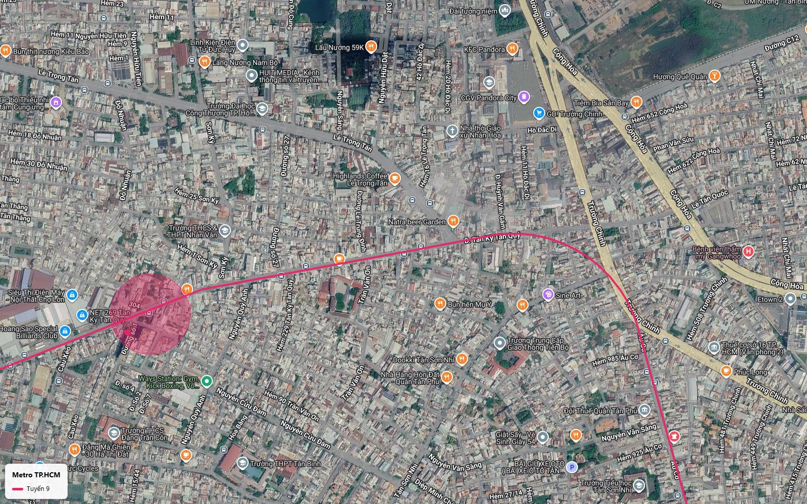 Toàn cảnh metro số 9 rời Âu Cơ nhập đường Tân Kỳ Tân Quý với vùng ga khu Sơn Kỳ Tân Phú