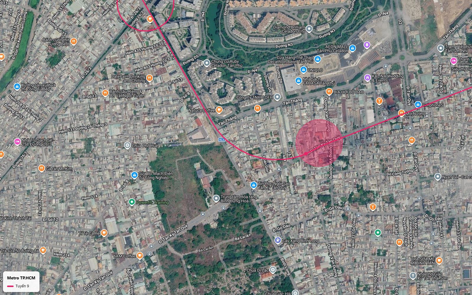 Toàn cảnh metro số 9 uốn từ Tân Kỳ Tân Quý lên Hương lộ 3 vào Bình Hưng Hòa quận Bình Tân