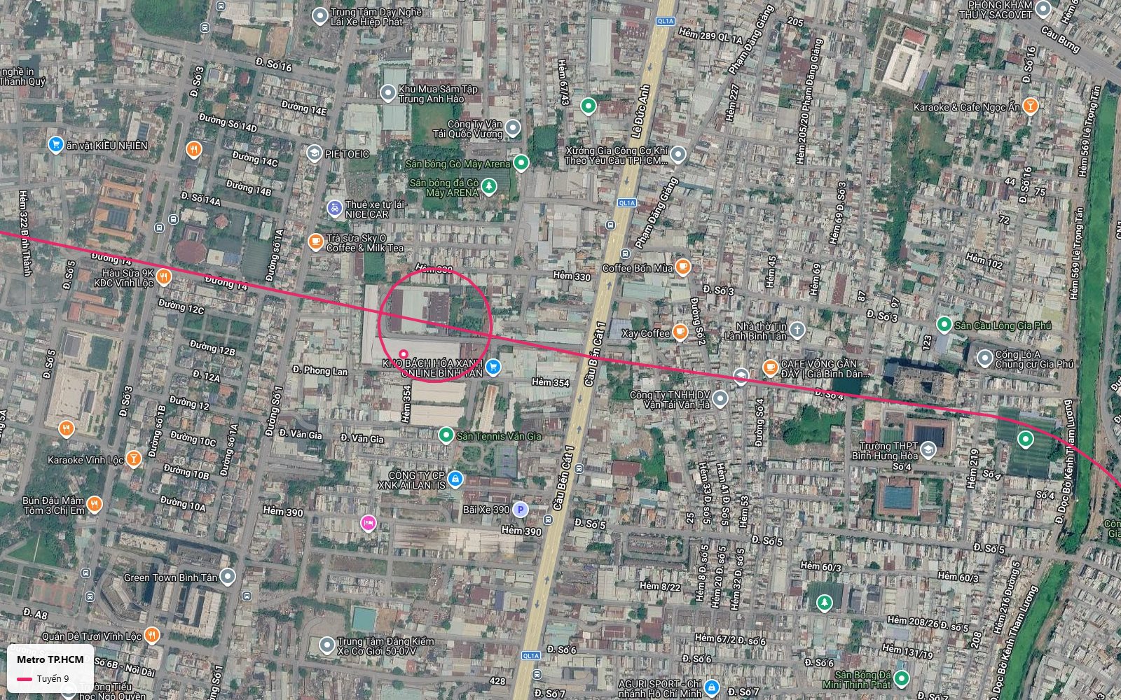Toàn cảnh metro số 9 vượt Quốc lộ 1 tại khu Gò Mây và cầu Bến Cát 1 quận Bình Tân