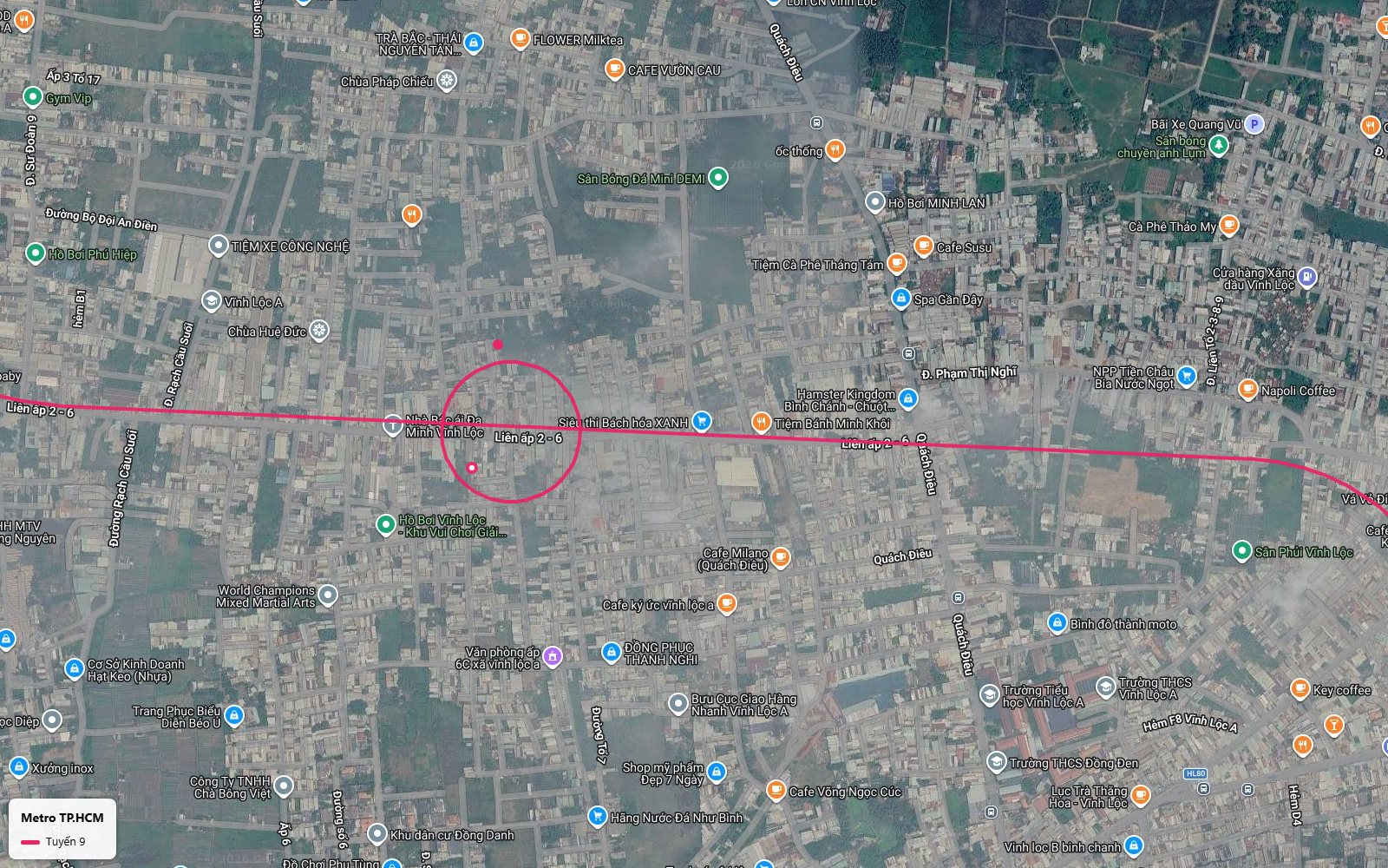 Toàn cảnh metro số 9 dọc đường Liên ấp 2-6 xã Vĩnh Lộc A với nhà ga gần hồ bơi Vĩnh Lộc